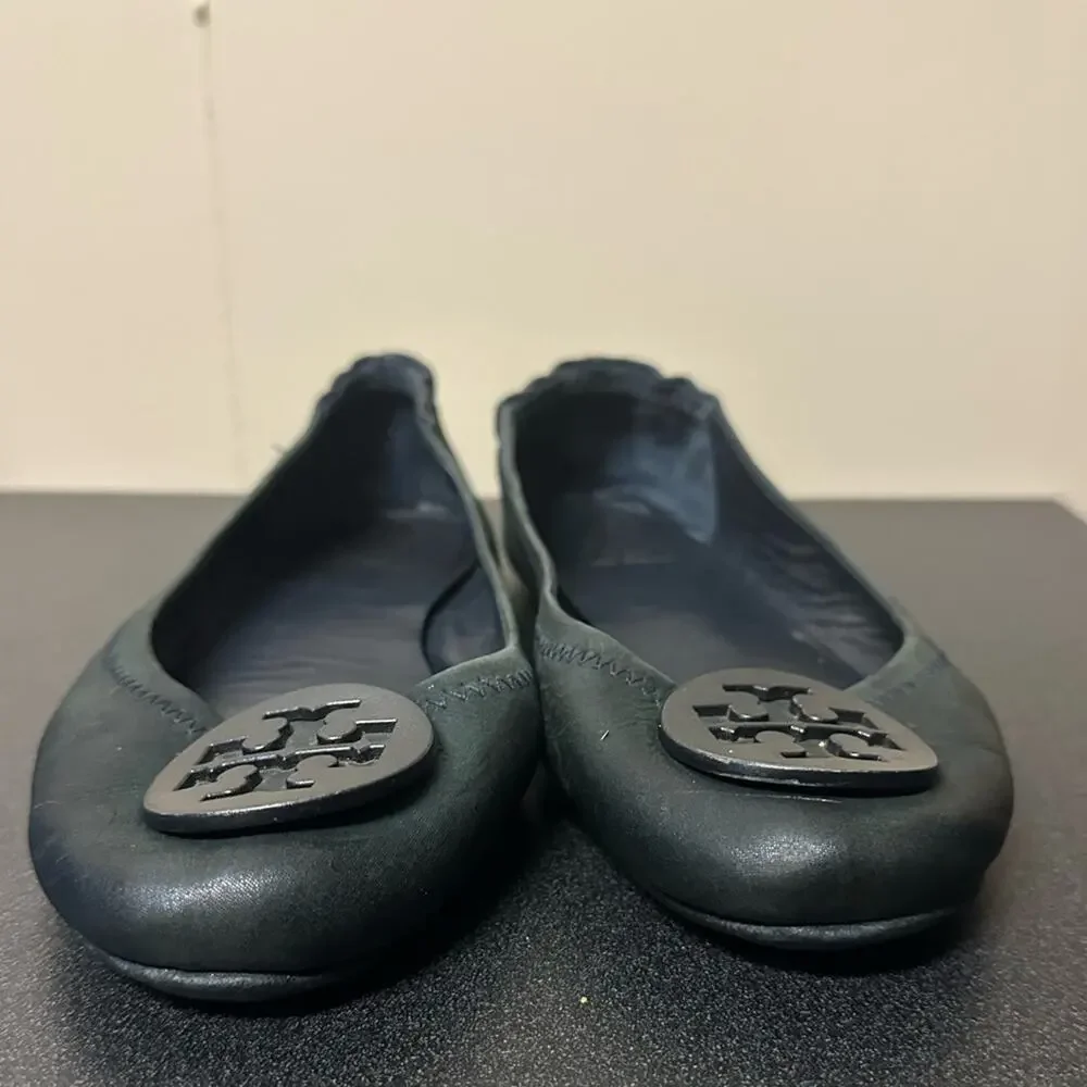 Tory Burch Minnie Travel Ballet Flat Soft Metal Metallic Shimmer Black Size 8.5